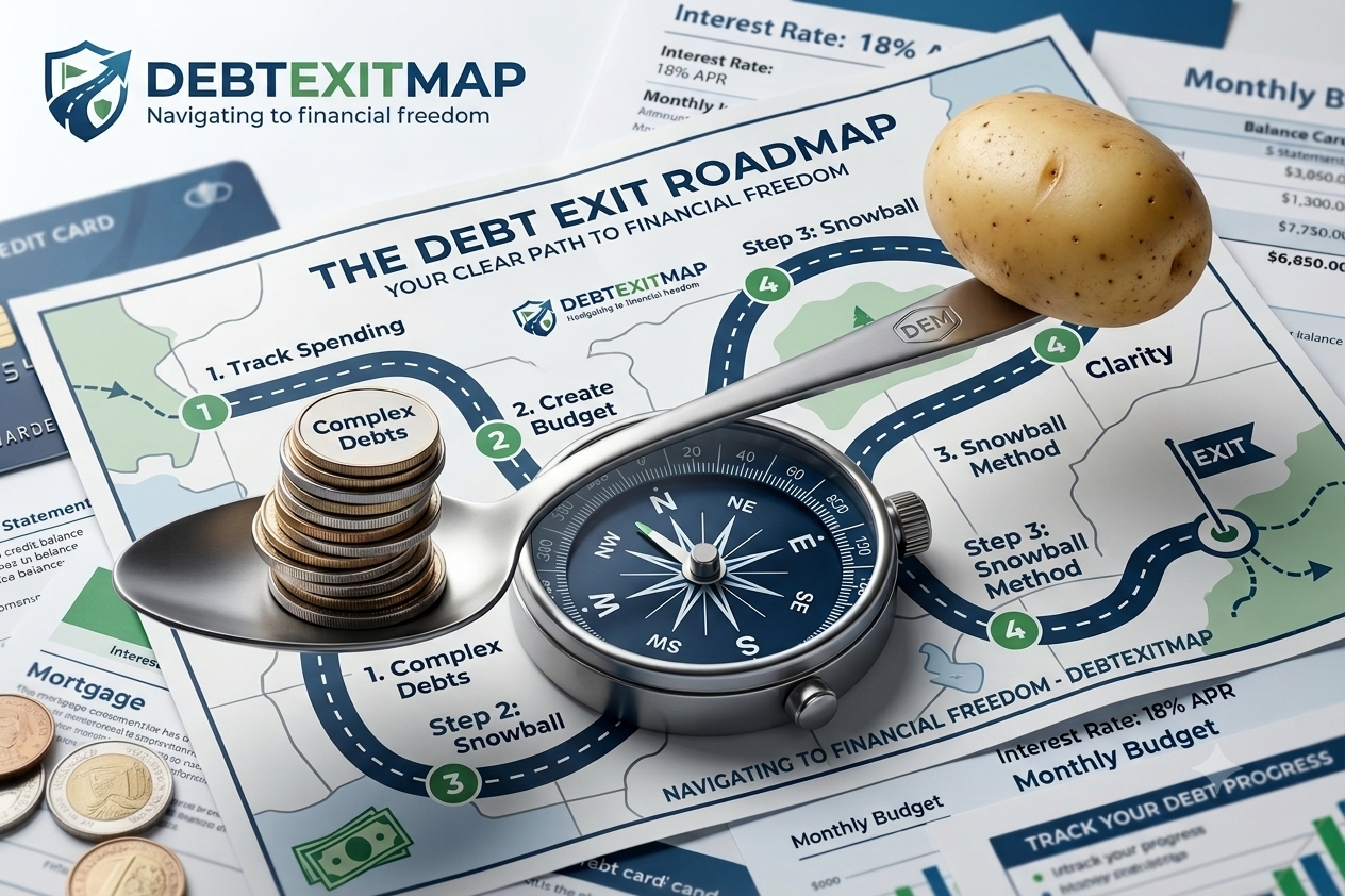 Debt Exit Roadmap graphic showing budgeting steps to financial freedom for DebtExitMap