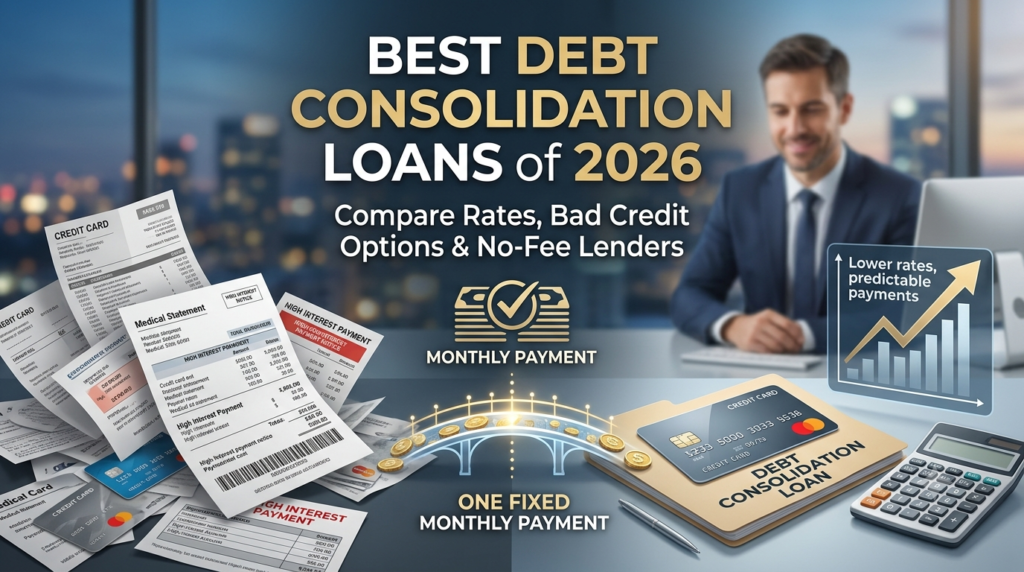 Best debt consolidation loans of 2026 infographic showing multiple high-interest credit card bills combining into one fixed monthly payment