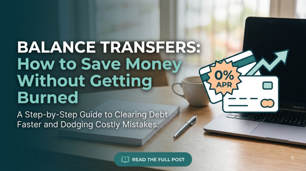 Modern desk setup with laptop, notebook, and a graphic illustrating 0% APR balance transfer credit cards for debt payoff guide.