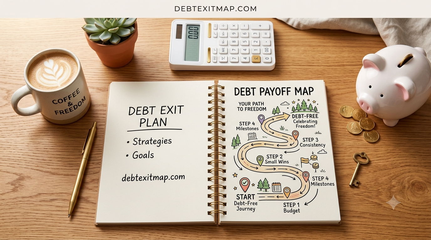 financial planning workspace with a notebook mapping out debt payoff