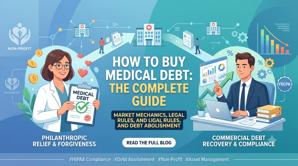 how to buy medical debt, showing non-profit debt relief on the left and commercial debt recovery on the right.